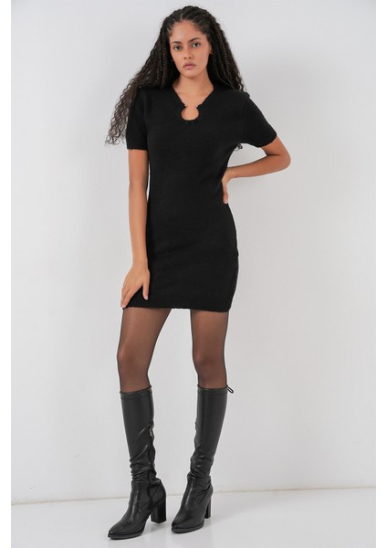 Kadın Kolye Detaylı Triko Elbise 15989 - Siyah fiyatları