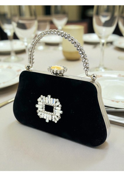 Siyah Süet Kristal Taşlı Metal Saplı Zincir Askılı Abiye Çanta Düğün Nişan Mezuniyet fiyatları