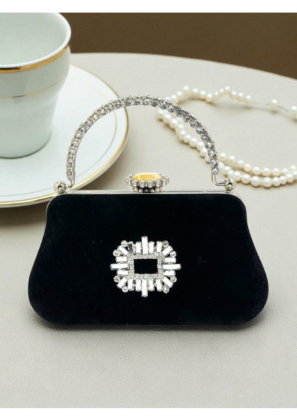 Siyah Süet Kristal Taşlı Metal Saplı Zincir Askılı Abiye Çanta Düğün Nişan Mezuniyet modelleri