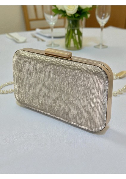 Altın Lazer Çizgili Desenli Abiye Çanta Gece Nikah Düğün Nişan Mezuniyet Portföy
