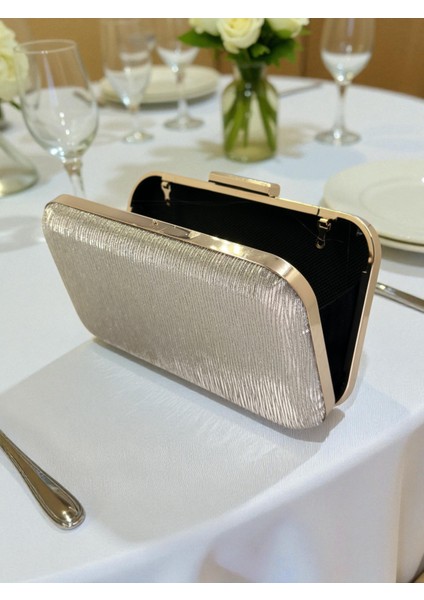 Altın Lazer Çizgili Desenli Abiye Çanta Gece Nikah Düğün Nişan Mezuniyet Portföy modelleri