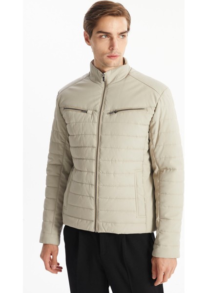 Yeni Sezon Slim Fit Dik Yaka Erkek Deri Görünümlü Mont