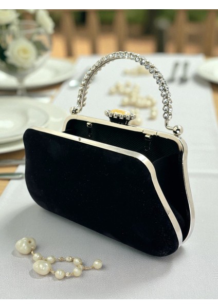 Siyah Süet Kristal Taşlı Metal Saplı Zincir Askılı Abiye Çanta Düğün Nişan Mezuniyet fırsatları