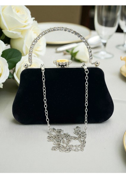 Siyah Süet Kristal Taşlı Metal Saplı Zincir Askılı Abiye Çanta Düğün Nişan Mezuniyet indirimleri