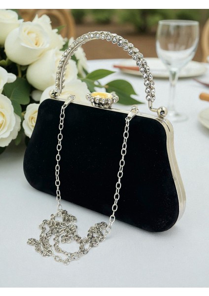 Siyah Süet Kristal Taşlı Metal Saplı Zincir Askılı Abiye Çanta Düğün Nişan Mezuniyet