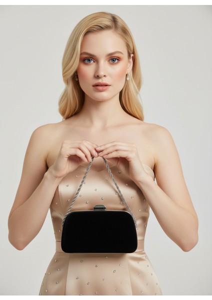 Siyah Renk Süet Zincir Detaylı Zincir Saplı Kadın Abiye Çanta Düğün Nişan Mezuniyet