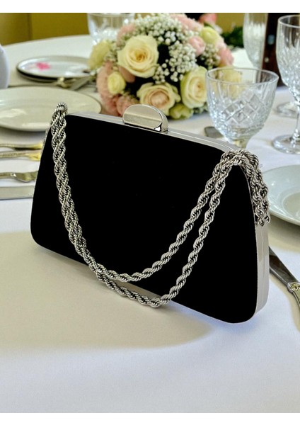 Siyah Renk Süet Zincir Detaylı Zincir Saplı Kadın Abiye Çanta Düğün Nişan Mezuniyet fiyatları