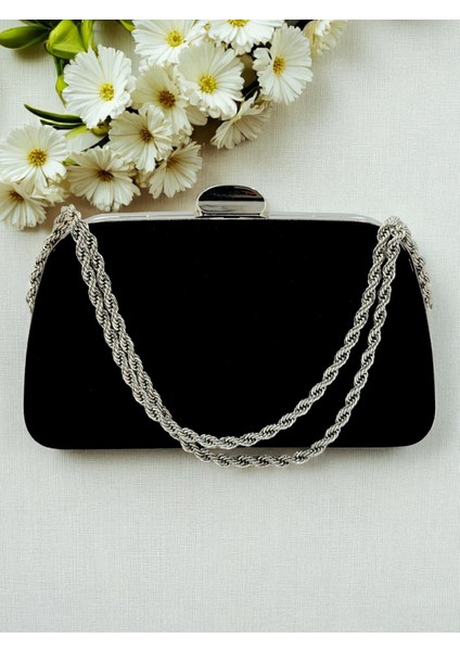 Siyah Renk Süet Zincir Detaylı Zincir Saplı Kadın Abiye Çanta Düğün Nişan Mezuniyet modelleri