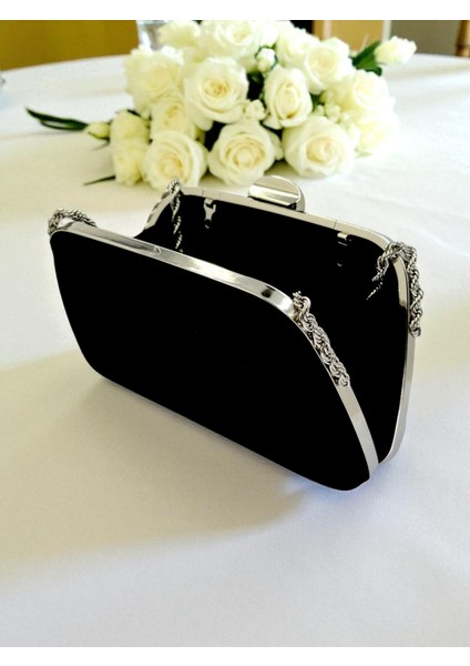 Siyah Renk Süet Zincir Detaylı Zincir Saplı Kadın Abiye Çanta Düğün Nişan Mezuniyet fırsatları