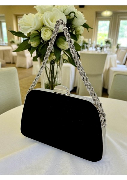 Siyah Renk Süet Zincir Detaylı Zincir Saplı Kadın Abiye Çanta Düğün Nişan Mezuniyet