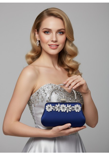 Lacivert Renk Simli Saten Kristal Taşlı Saplı Kadın Abiye Çanta Düğün Nişan Mezuniyet