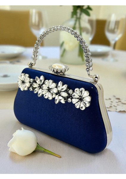 Lacivert Renk Simli Saten Kristal Taşlı Saplı Kadın Abiye Çanta Düğün Nişan Mezuniyet fiyatları