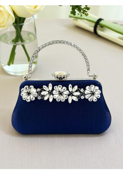 Lacivert Renk Simli Saten Kristal Taşlı Saplı Kadın Abiye Çanta Düğün Nişan Mezuniyet modelleri