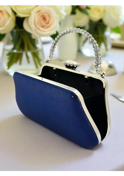 Lacivert Renk Simli Saten Kristal Taşlı Saplı Kadın Abiye Çanta Düğün Nişan Mezuniyet fırsatları