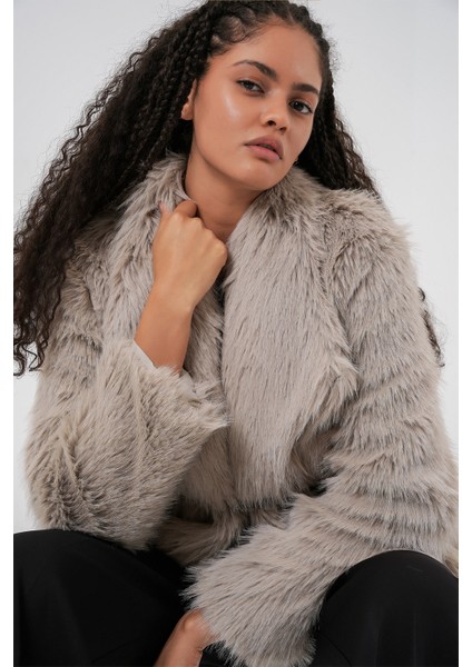 Kadın Kemerli Oversize Kürklü Kaban 9156 - Taş