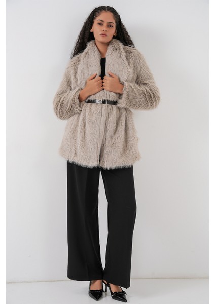 Kadın Kemerli Oversize Kürklü Kaban 9156 - Taş fiyatları