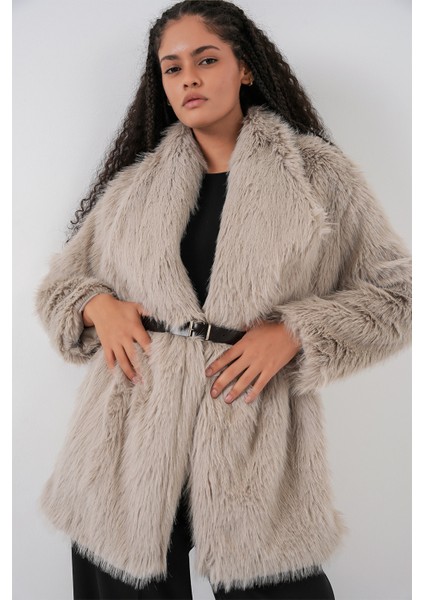 Kadın Kemerli Oversize Kürklü Kaban 9156 - Taş modelleri