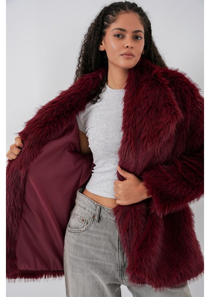 Kadın Kemerli Oversize Kürklü Kaban 9156 - Bordo fiyatları