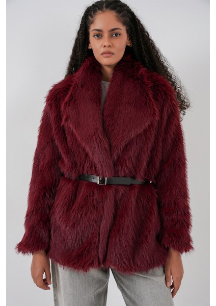 Kadın Kemerli Oversize Kürklü Kaban 9156 - Bordo modelleri