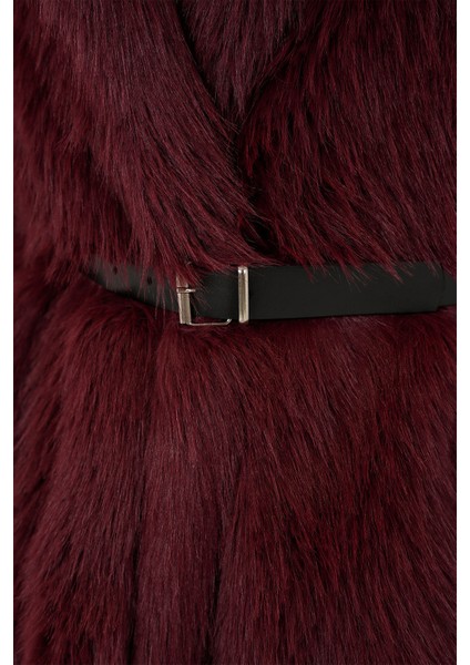 Kadın Kemerli Oversize Kürklü Kaban 9156 - Bordo indirimleri