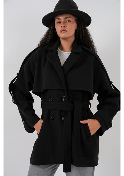 Kadın Kuşaklı Oversize Kaşe Kaban 9157 - Siyah