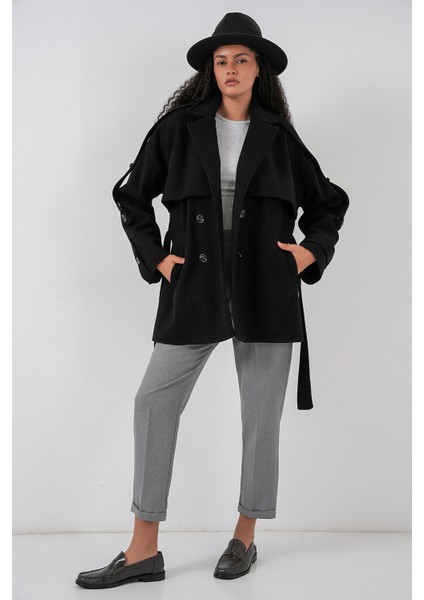 Kadın Kuşaklı Oversize Kaşe Kaban 9157 - Siyah fiyatları