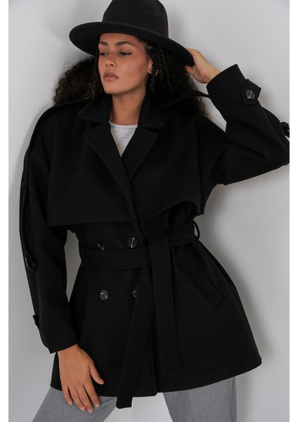 Kadın Kuşaklı Oversize Kaşe Kaban 9157 - Siyah modelleri