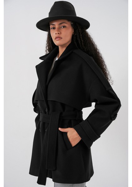 Kadın Kuşaklı Oversize Kaşe Kaban 9157 - Siyah fırsatları