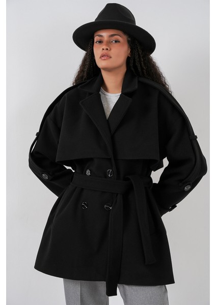 Kadın Kuşaklı Oversize Kaşe Kaban 9157 - Siyah indirimleri