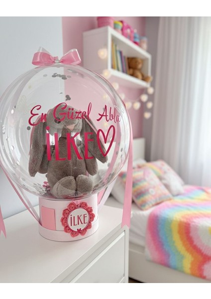 Hediye Balon Kutusu Uyku Arkadaşı Peluş Tavşanlı Kişiye Özel Mesajlı Doğum /doğum Günü Hediye Kutusu