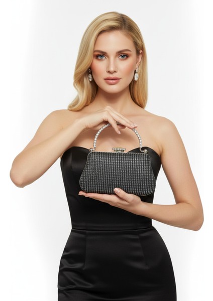 Siyah Renk Simli Taşlı Abiye Çanta | Lüks Düğün ve Gece Çantası