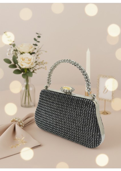 Siyah Renk Simli Taşlı Abiye Çanta | Lüks Düğün ve Gece Çantası fiyatları