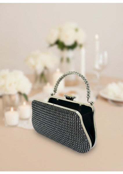 Siyah Renk Simli Taşlı Abiye Çanta | Lüks Düğün ve Gece Çantası fırsatları