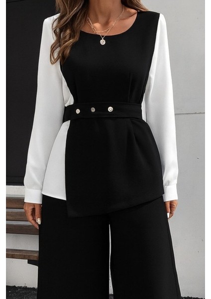 Kadın Uzun Kollu Açık Yakalı Çift Renkli Kemerli Ithal Krep Ikili Takım fiyatları