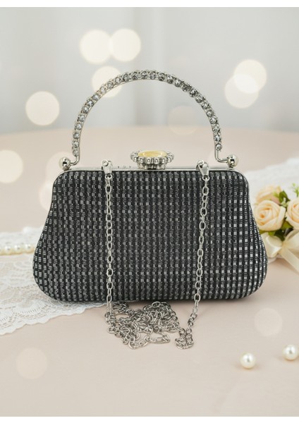 Siyah Renk Simli Taşlı Abiye Çanta | Lüks Düğün ve Gece Çantası indirimleri