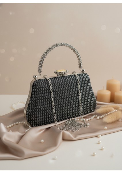 Siyah Renk Simli Taşlı Abiye Çanta | Lüks Düğün ve Gece Çantası