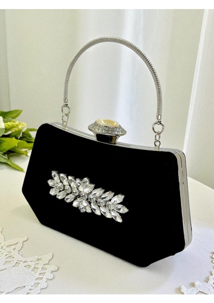 Siyah Renk Süet Taşlı Inci Detaylı Saplı Kadın Abiye Çanta Düğün Nişan Mezuniyet fiyatları