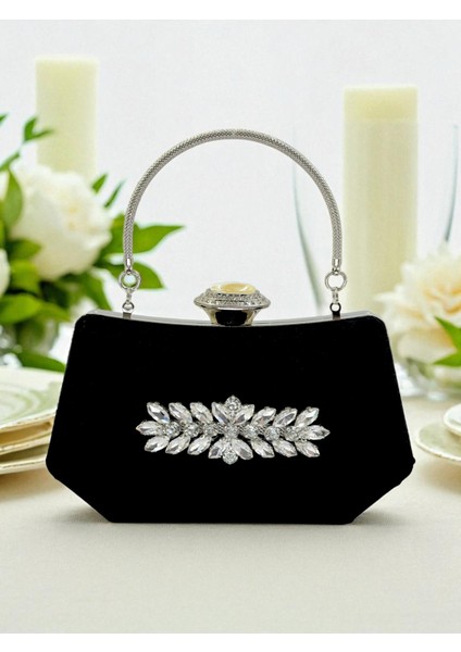 Siyah Renk Süet Taşlı Inci Detaylı Saplı Kadın Abiye Çanta Düğün Nişan Mezuniyet modelleri