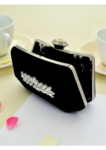 Siyah Renk Süet Taşlı Inci Detaylı Saplı Kadın Abiye Çanta Düğün Nişan Mezuniyet fırsatları