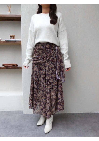 Etnik Desen Bağlamalı Şifon Etek