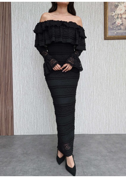 Madonna Yaka Fırfır Dantelli Midi Elbise modelleri