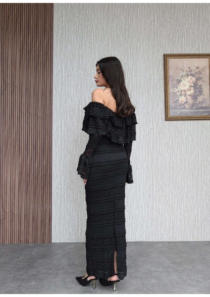 Madonna Yaka Fırfır Dantelli Midi Elbise indirimleri