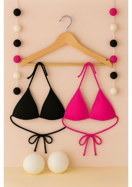 Venüsshopping- Kadın Siyah ve Fuşya Minimal Kesim Üçgen Bikini Üstü fırsatları