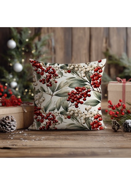 Yılbaşı Kokina Çiçeği Nakış Desenli, Dijital Baskılı, Çift Taraflı Kırlent Kılıfı. 2'li Set Kırlent Kılıfı