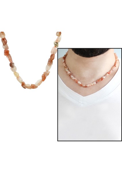 Gümüş Renk Metal Zincirli Amorf Güneş Taşı Doğaltaş Erkek Kolye modelleri