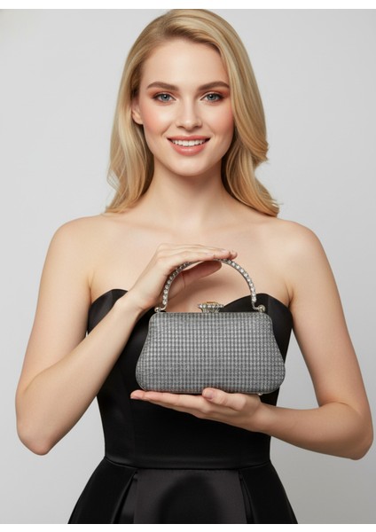 Platin Renk Simli Taşlı Abiye Çanta | Lüks Düğün ve Gece Çantası