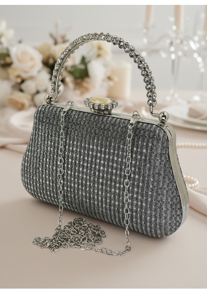 Platin Renk Simli Taşlı Abiye Çanta | Lüks Düğün ve Gece Çantası fiyatları