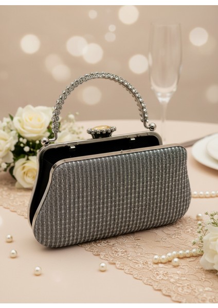 Platin Renk Simli Taşlı Abiye Çanta | Lüks Düğün ve Gece Çantası fırsatları