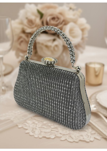 Platin Renk Simli Taşlı Abiye Çanta | Lüks Düğün ve Gece Çantası indirimleri
