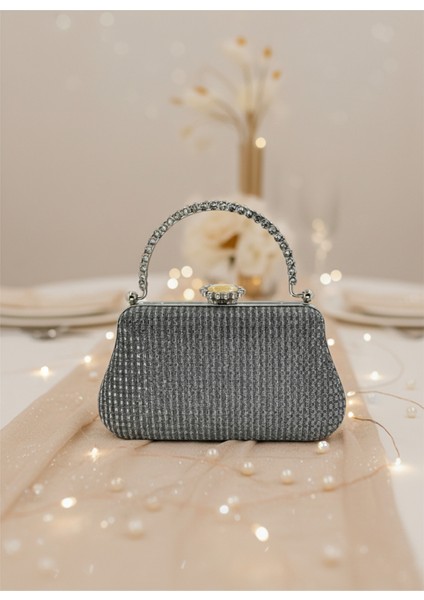 Platin Renk Simli Taşlı Abiye Çanta | Lüks Düğün ve Gece Çantası